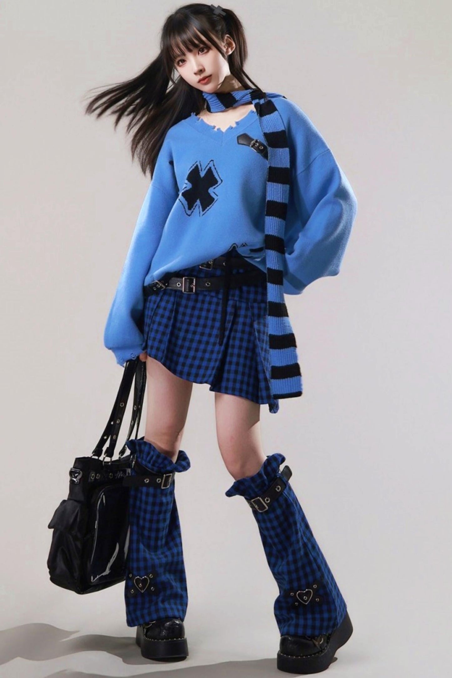 Diagonal Plaid Pleated Skirt + Leg Warmers