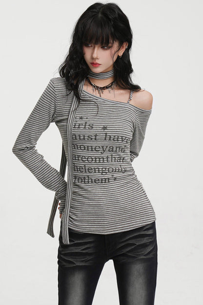 Striped One-shoulder Tie-neck Top