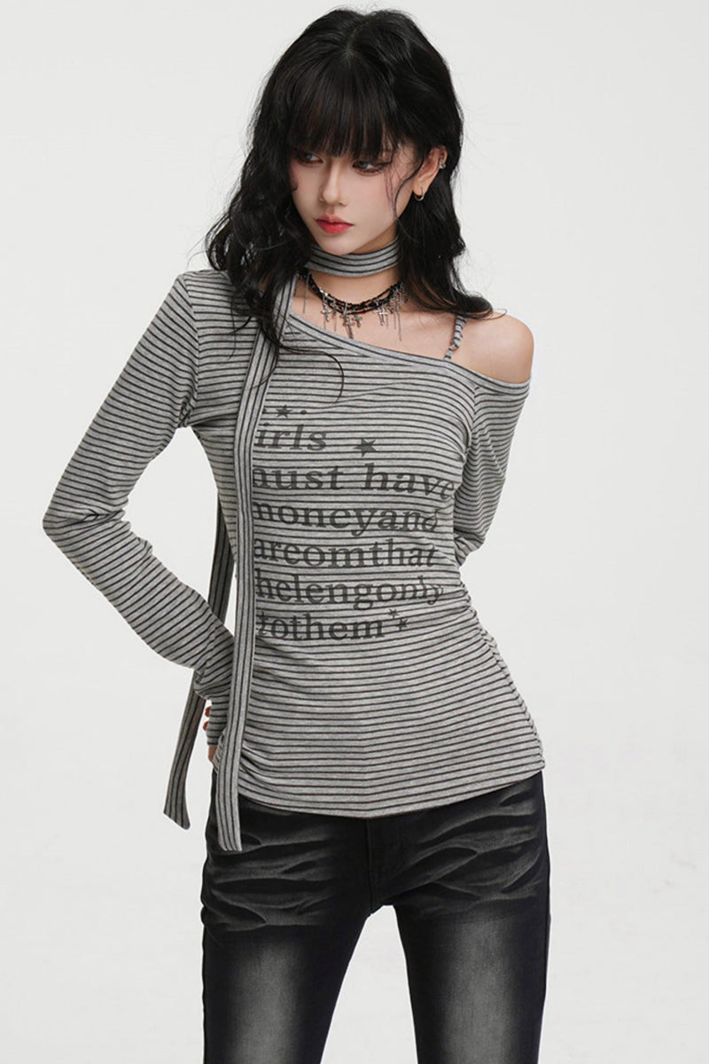 Striped One-shoulder Tie-neck Top