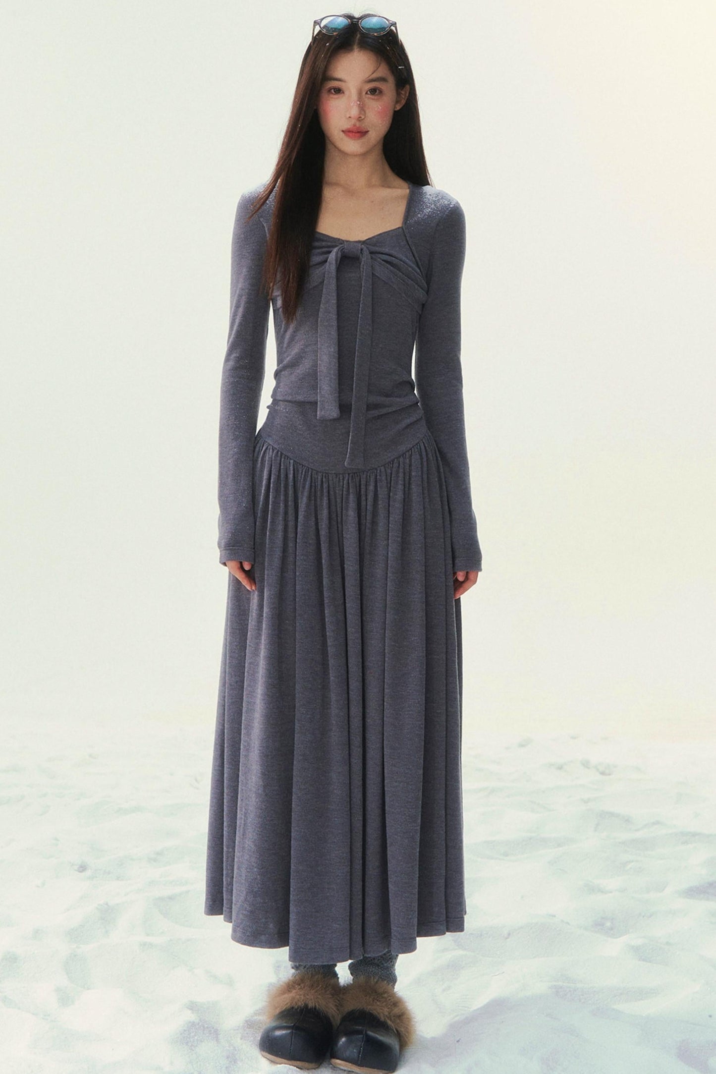 Gray Knit Waist Shape French Dress