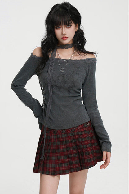 Dark Lace Off-shoulder Top (with Lace Long Scarf)