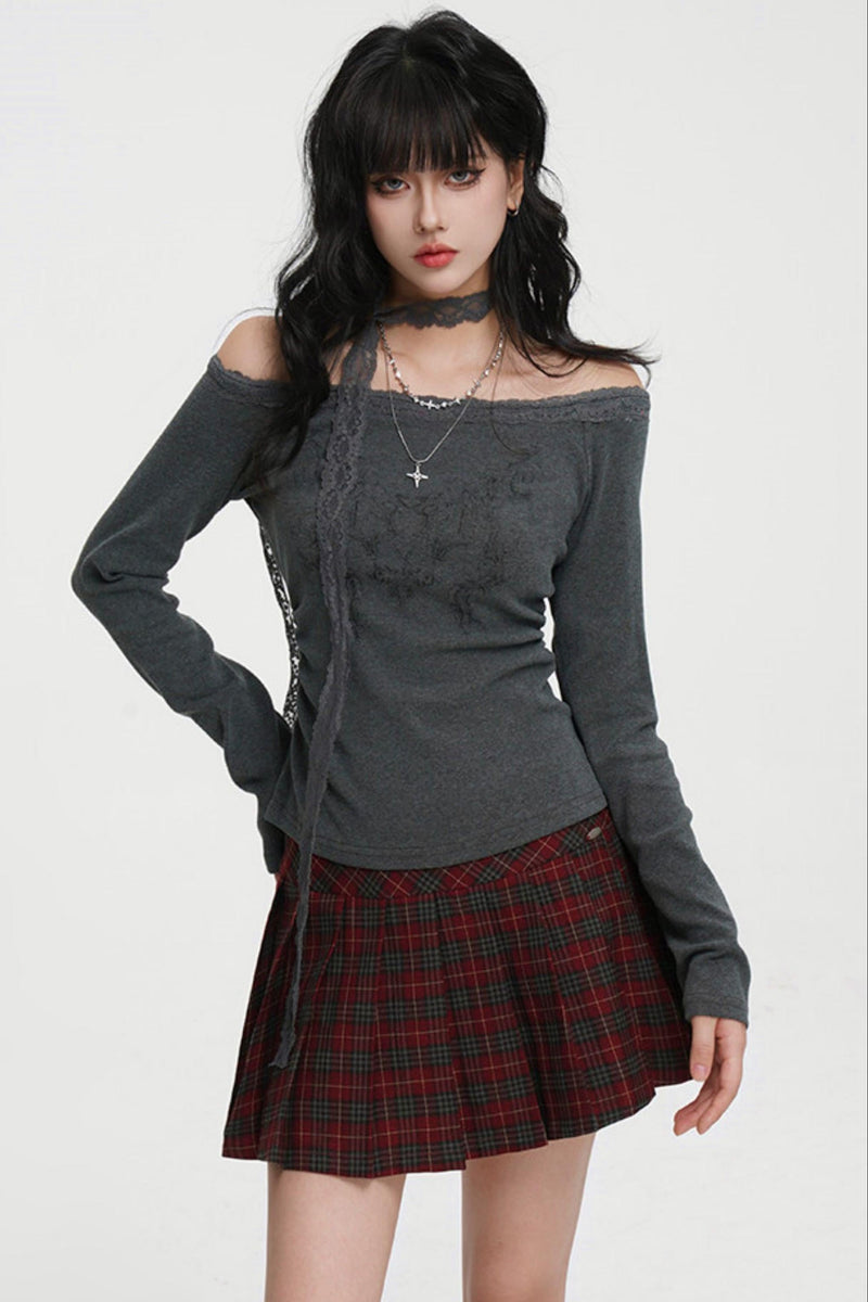Dark Lace Off-shoulder Top (with Lace Long Scarf)