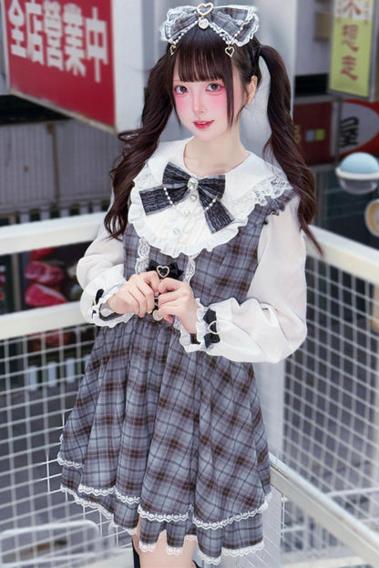 Sweet Girly Gray Plaid Ribbon Dress