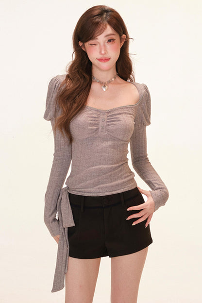 French Open Neck Sweet Puff Sleeve Top