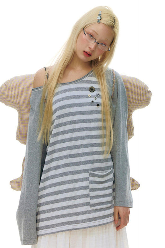 Button Striped Off-shoulder Top