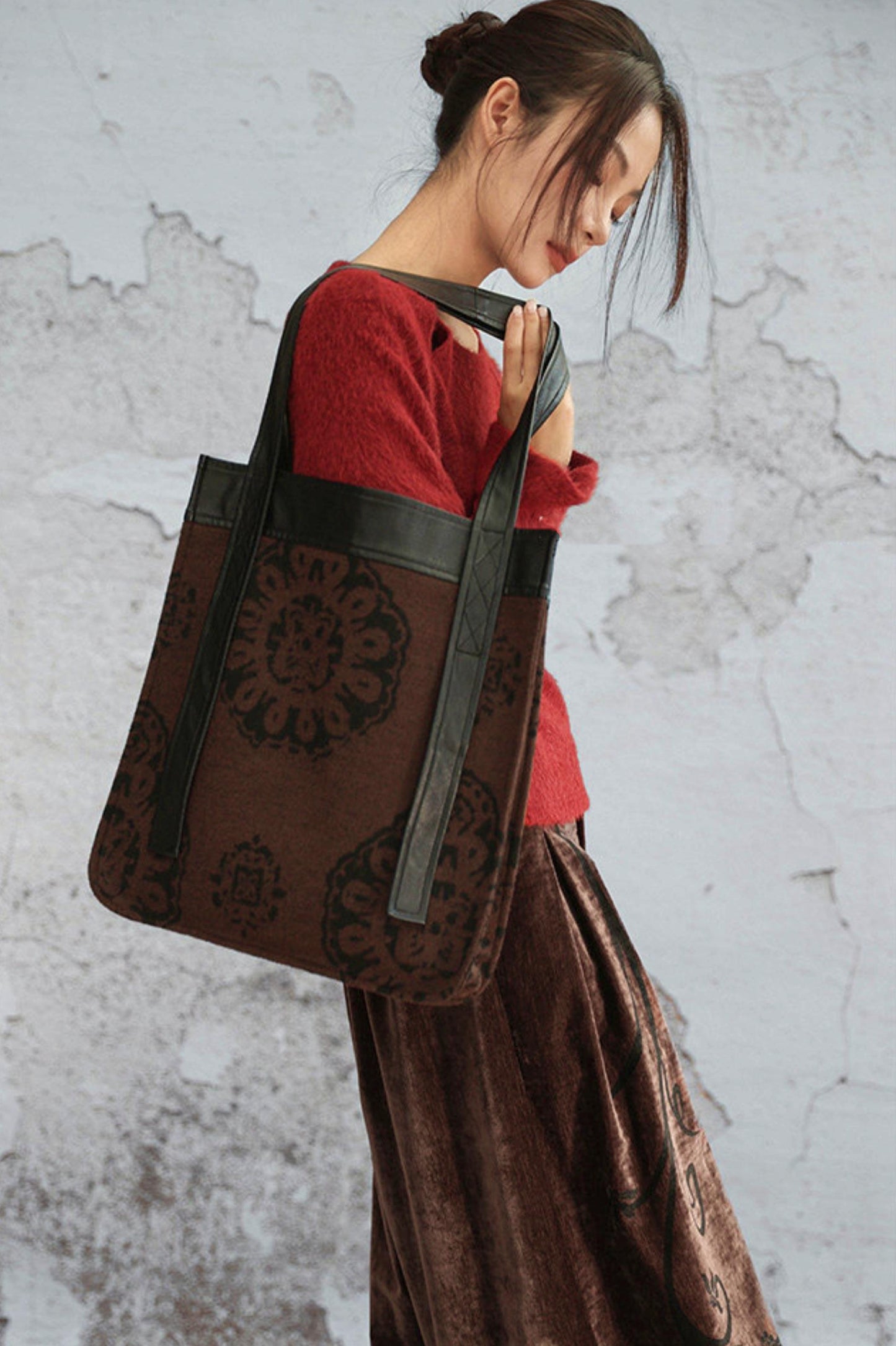 Brown Jacquard Leather Tote Bag
