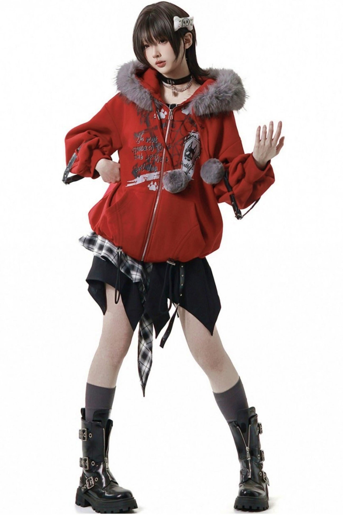Red Fleece Jacket + Top + Skirt + Accessories