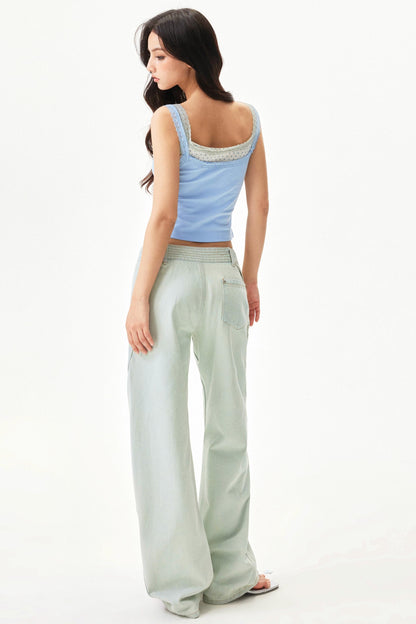 Star Print Lace Trim Tank Top
