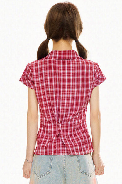 Retro Plaid Slim Fit Blouse