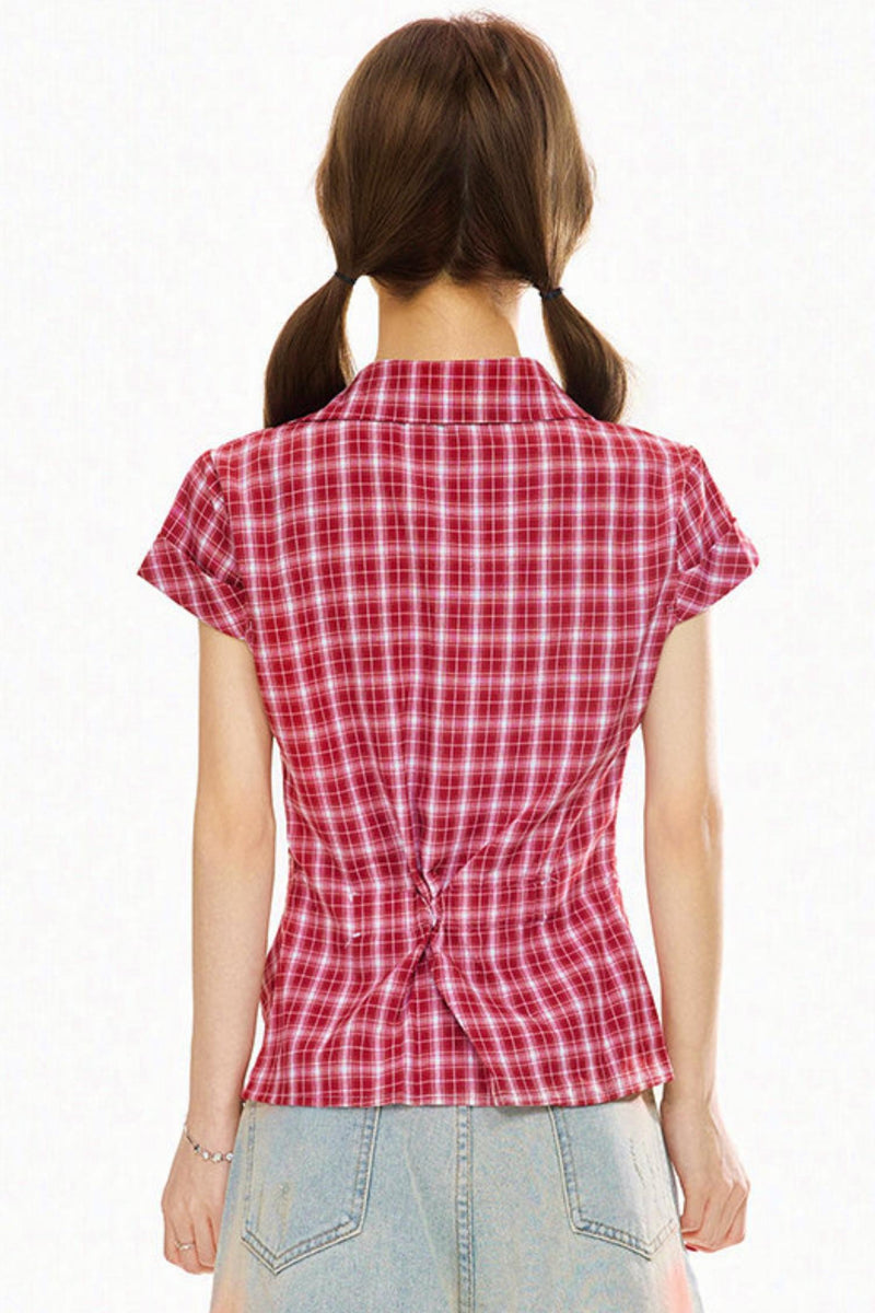 Retro Plaid Slim Fit Blouse