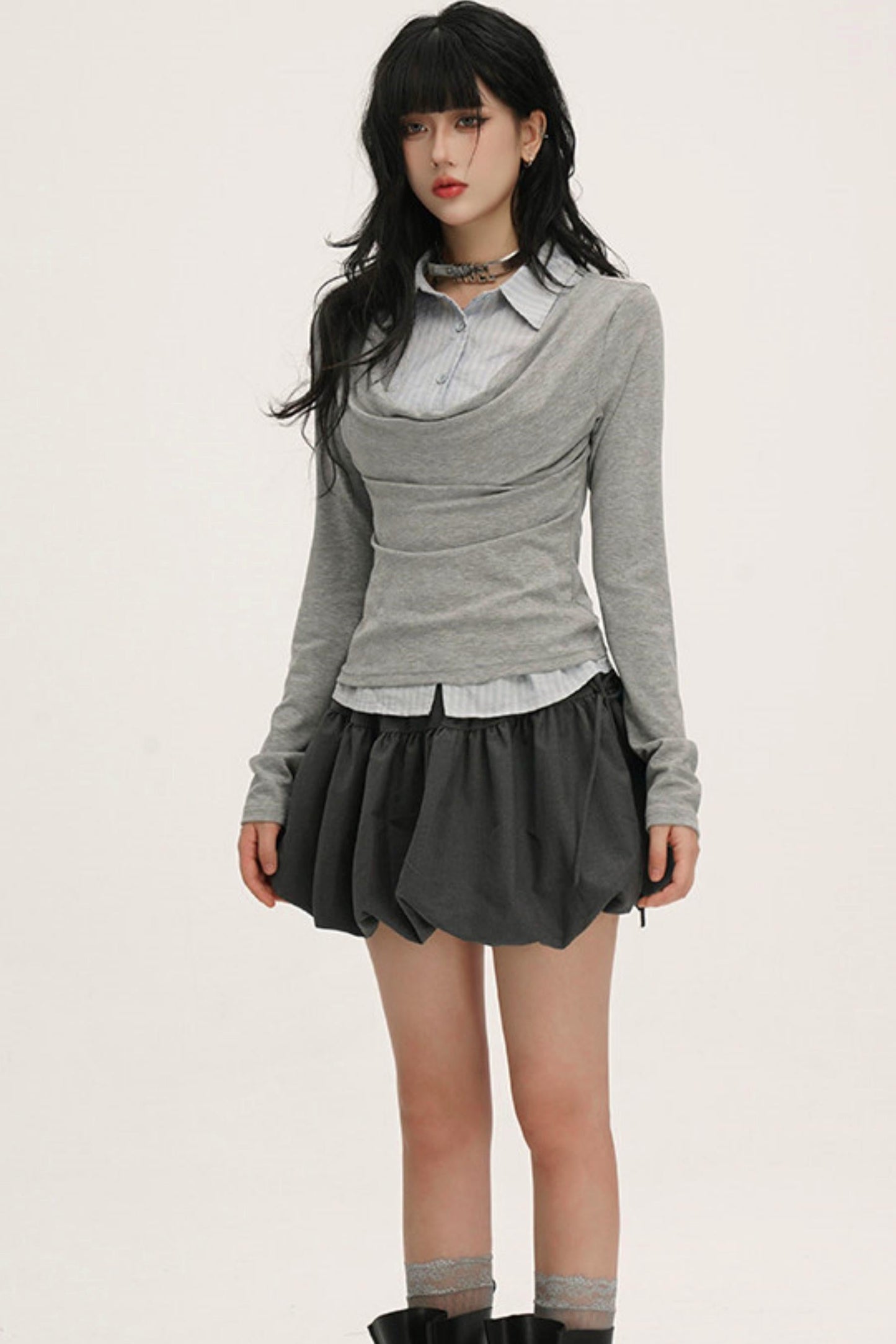 Drape Cowl Neck Layered Shirt