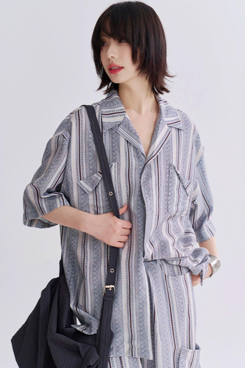 Retro Print Short Sleeve Shirt Set