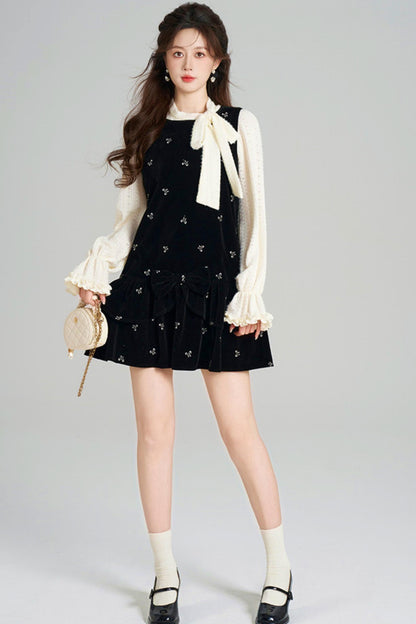 French Sweet Käbel Velvet Dress + Ribbon Neck Blouse