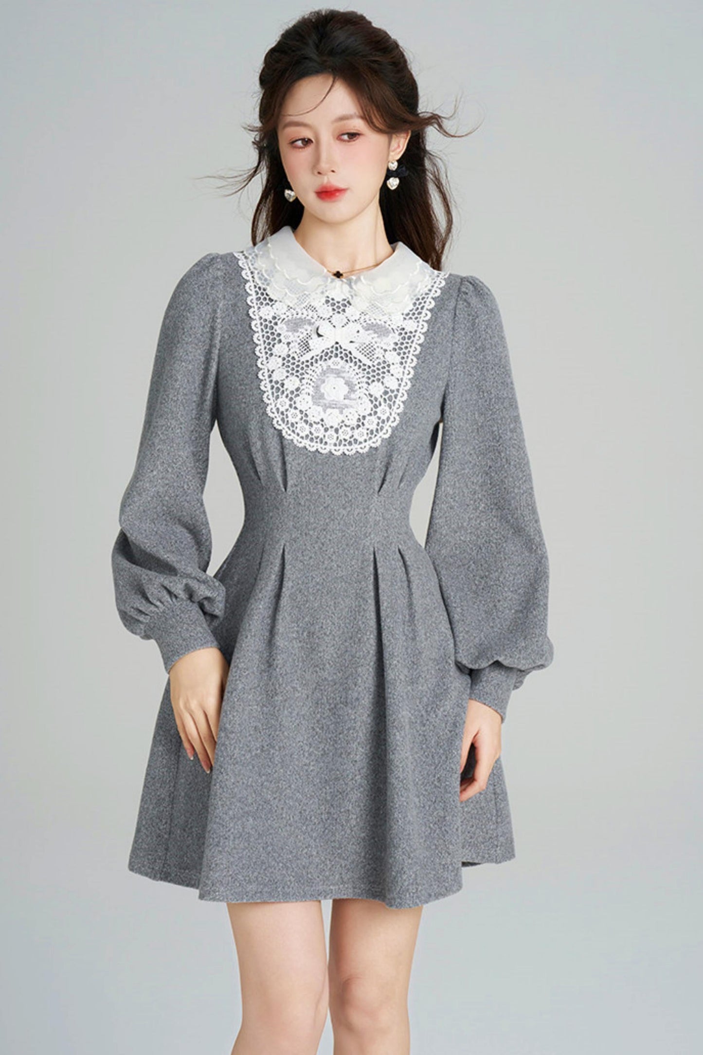 Lace Neck Design Waist Marked Dress
