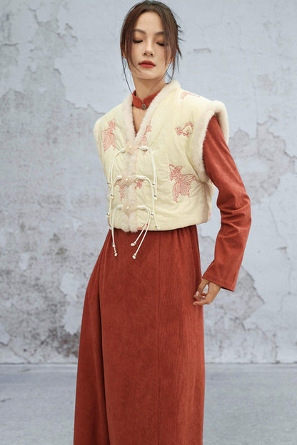 Retro Patchwork Corduroy Long Dress