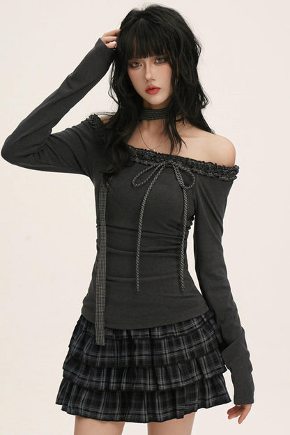 Off-shoulder Ruffle Ribbon Top (with Skinny Long Scarf)