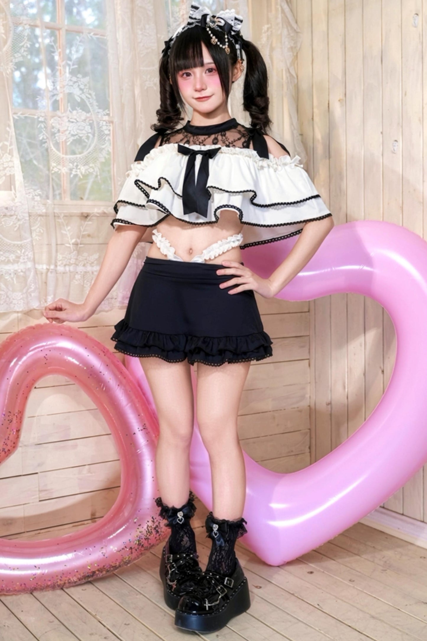 Black and White Dark Kawaii Swimsuit + Headband