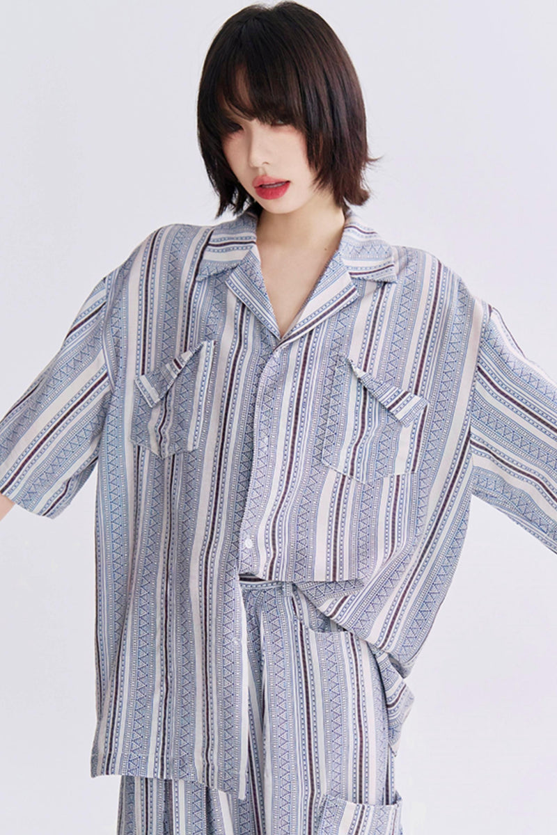 Retro Print Short Sleeve Shirt Set