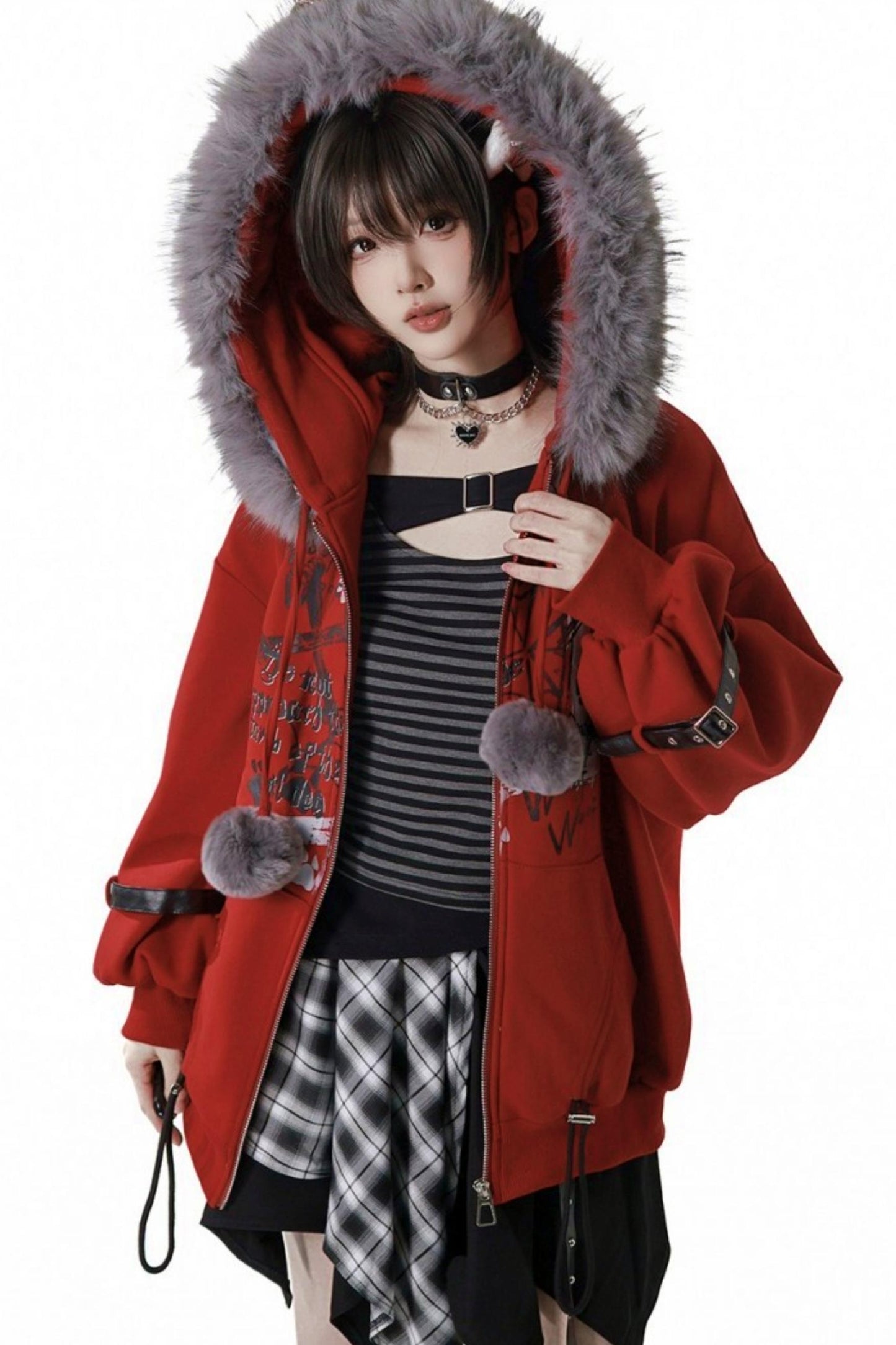 Red Fleece Jacket + Top + Skirt + Accessories