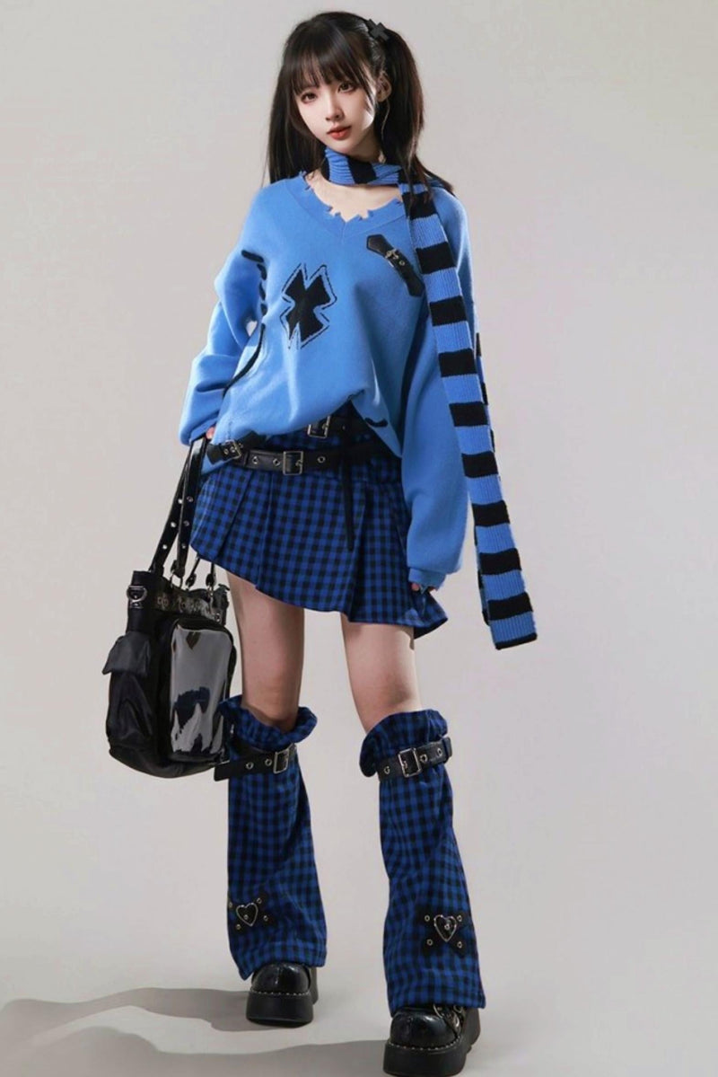 Diagonal Plaid Pleated Skirt + Leg Warmers