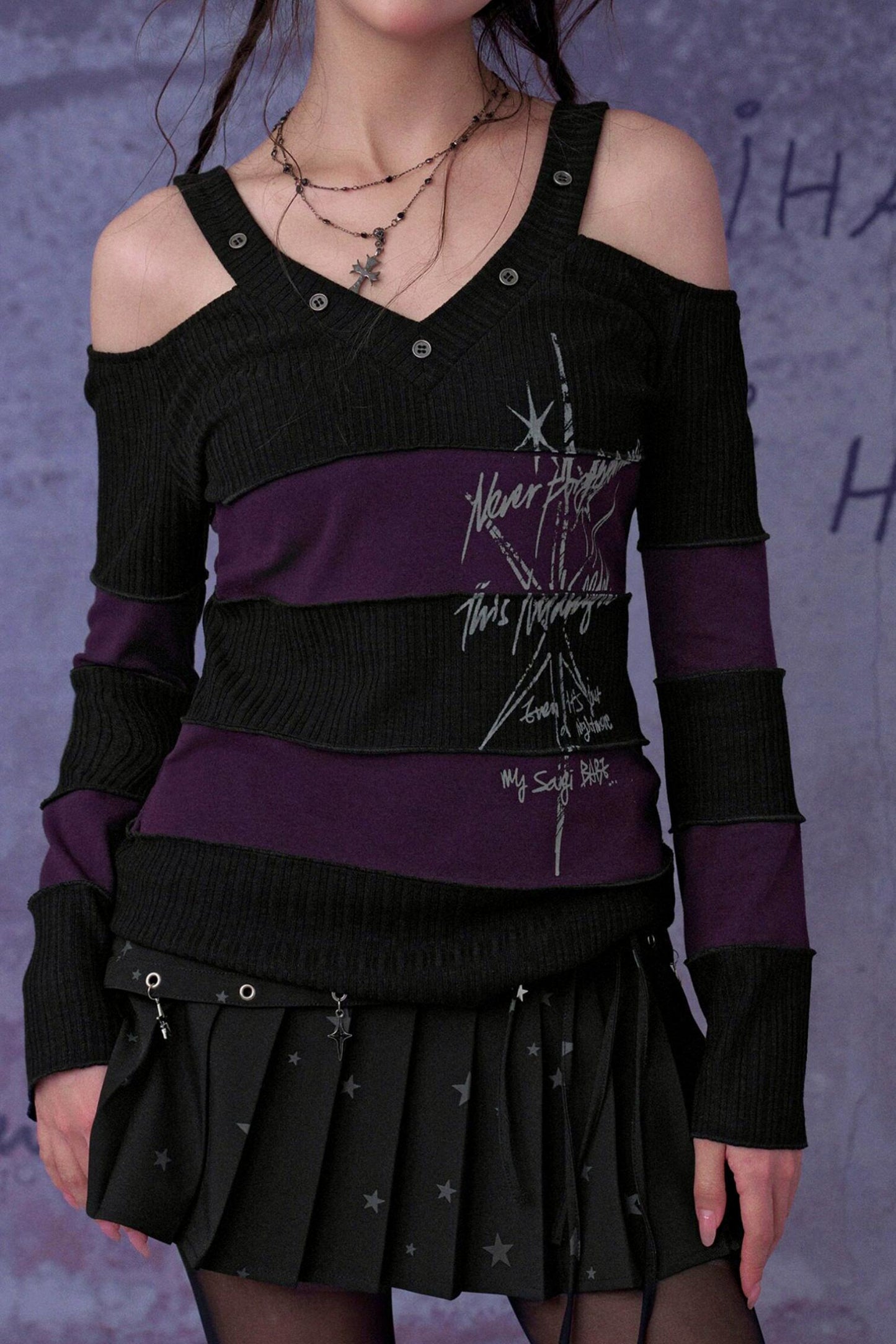 Black and Purple Off Shoulder Top