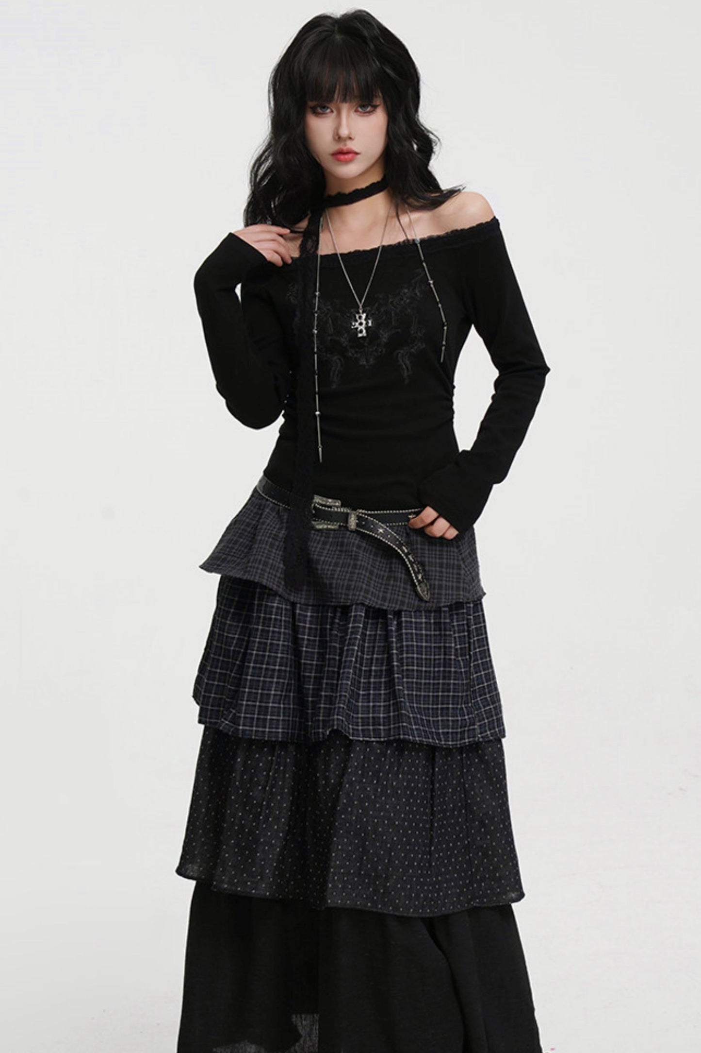 Dark Lace Off-shoulder Top (with Lace Long Scarf)
