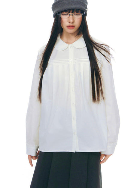 Doll Collar Pleated Cotton Blouse