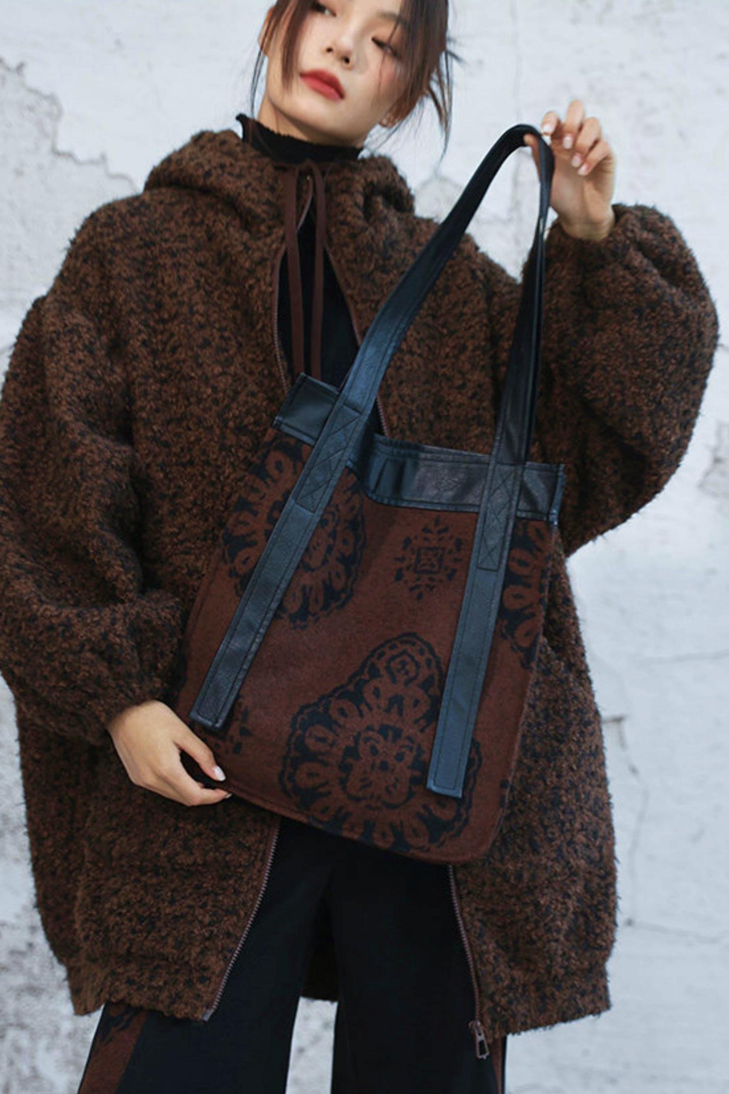 Brown Jacquard Leather Tote Bag