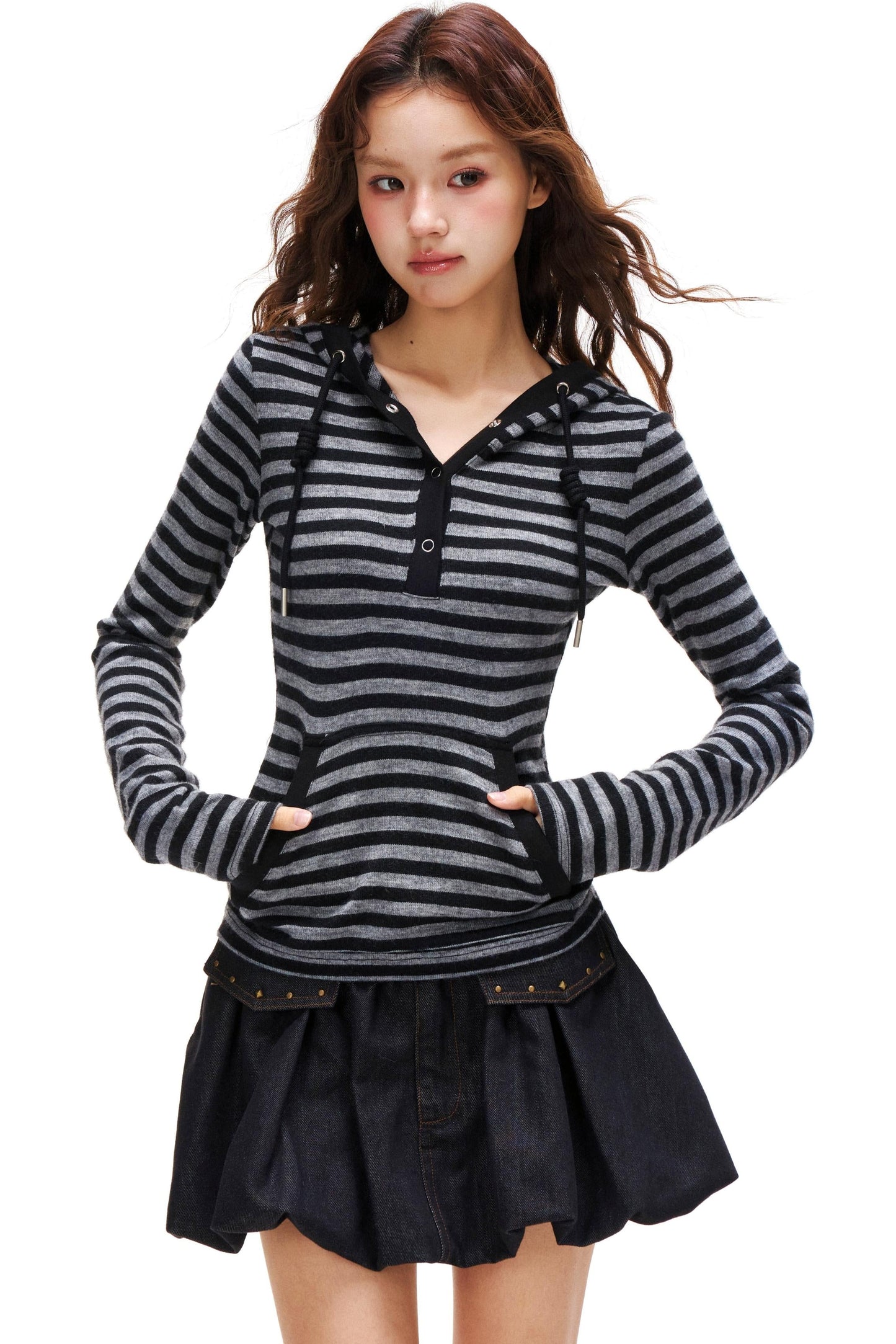 Striped Hooded Slim Top