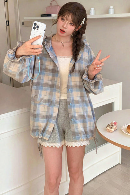 Plaid Cotton Hooded Shirt