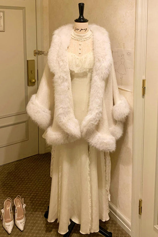 French Lace Waist Slimming Dress + Soft White Longline Cloak