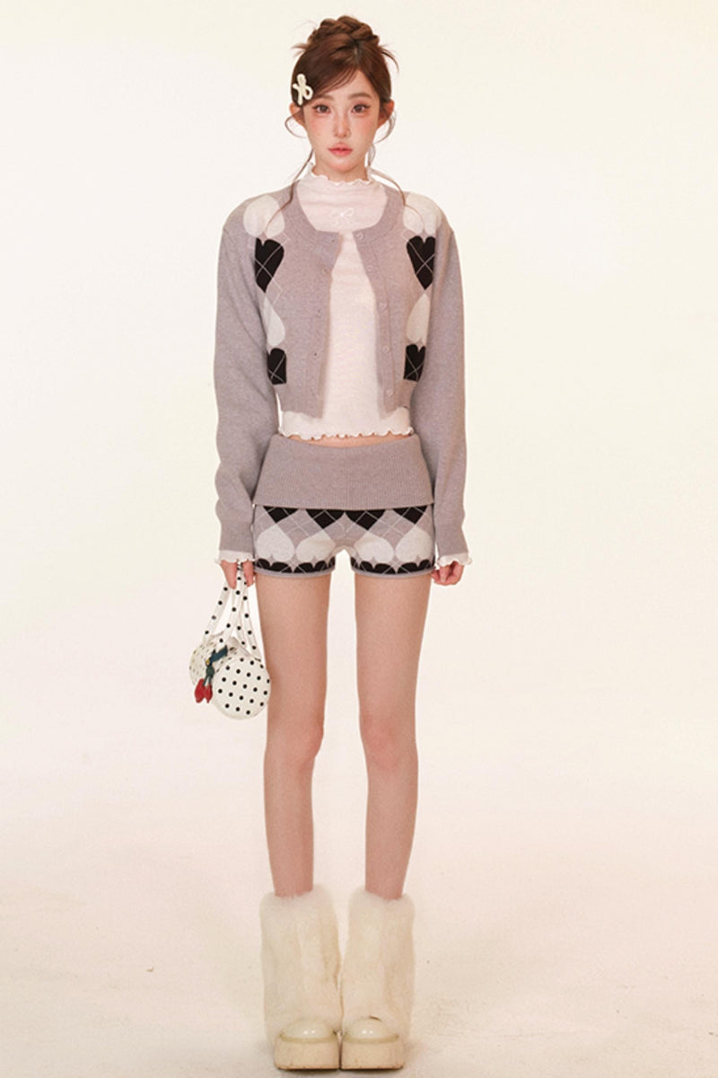 Heart Pattern Cardigan + Top + Shorts