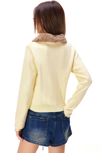 Retro Faux Fur Color Knit Cardigan