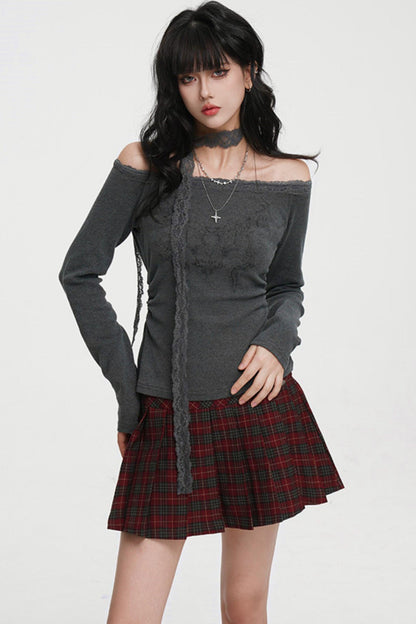 Dark Lace Off-shoulder Top (with Lace Long Scarf)