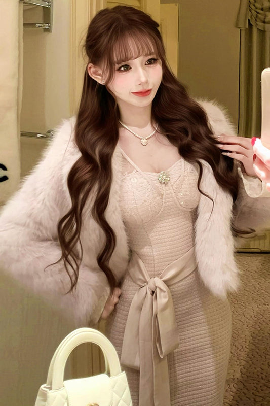 Lace Waist Slim Fit Dress + Fur Coat