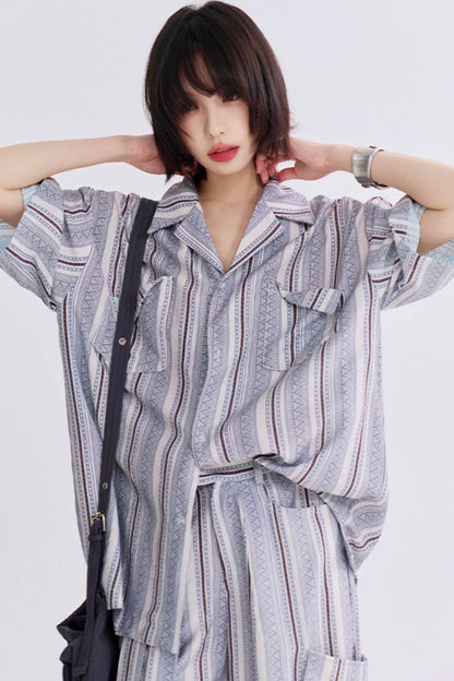Retro Print Short Sleeve Shirt Set