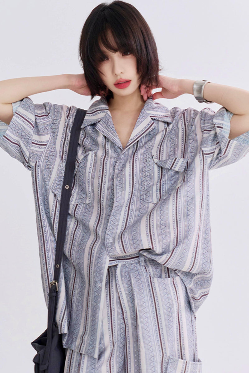 Retro Print Short Sleeve Shirt Set