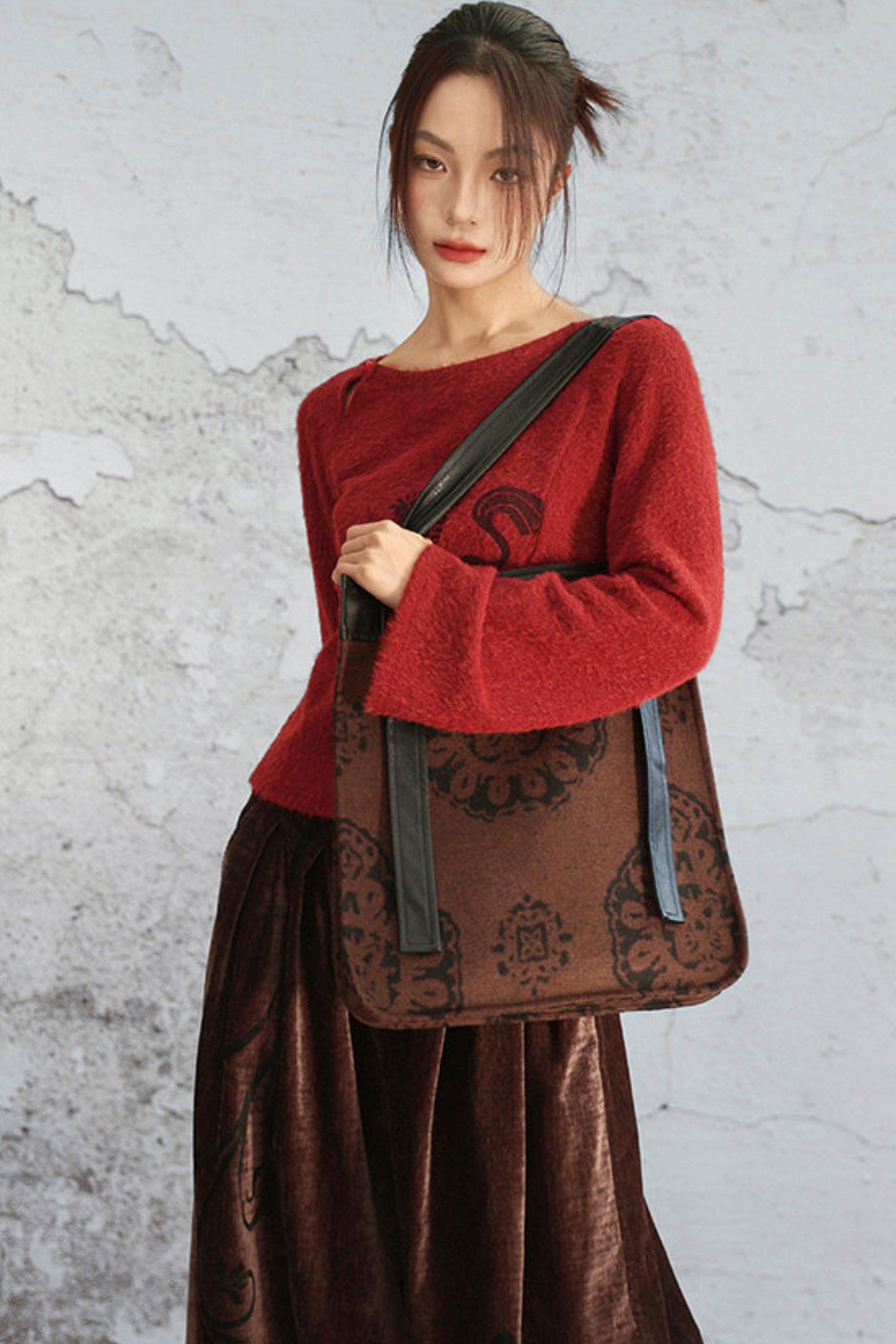 Brown Jacquard Leather Tote Bag