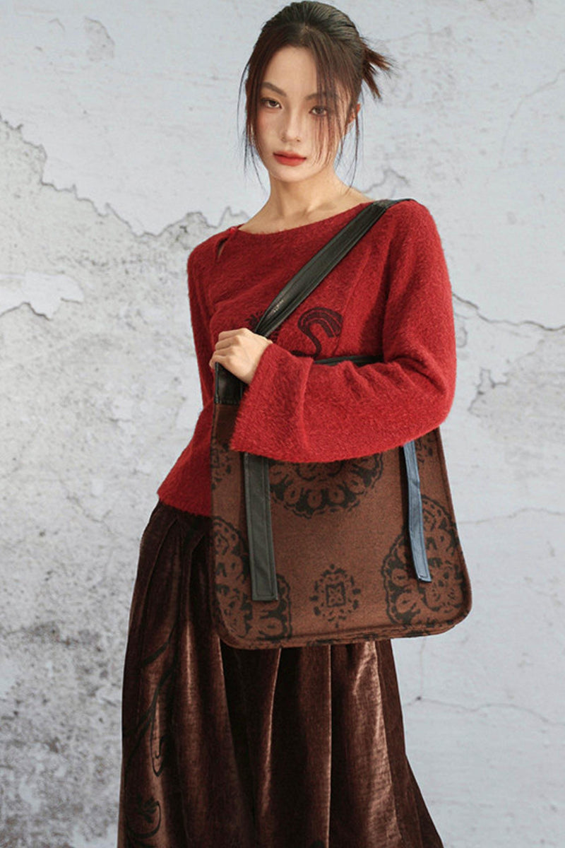 Brown Jacquard Leather Tote Bag