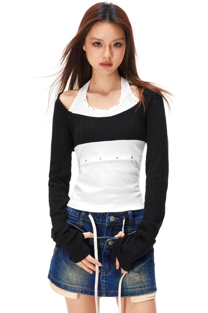 Rhinestone Layered Knit Top