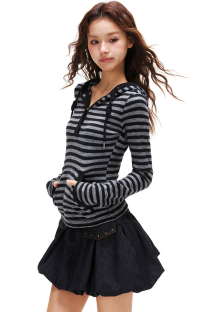 Striped Hooded Slim Top