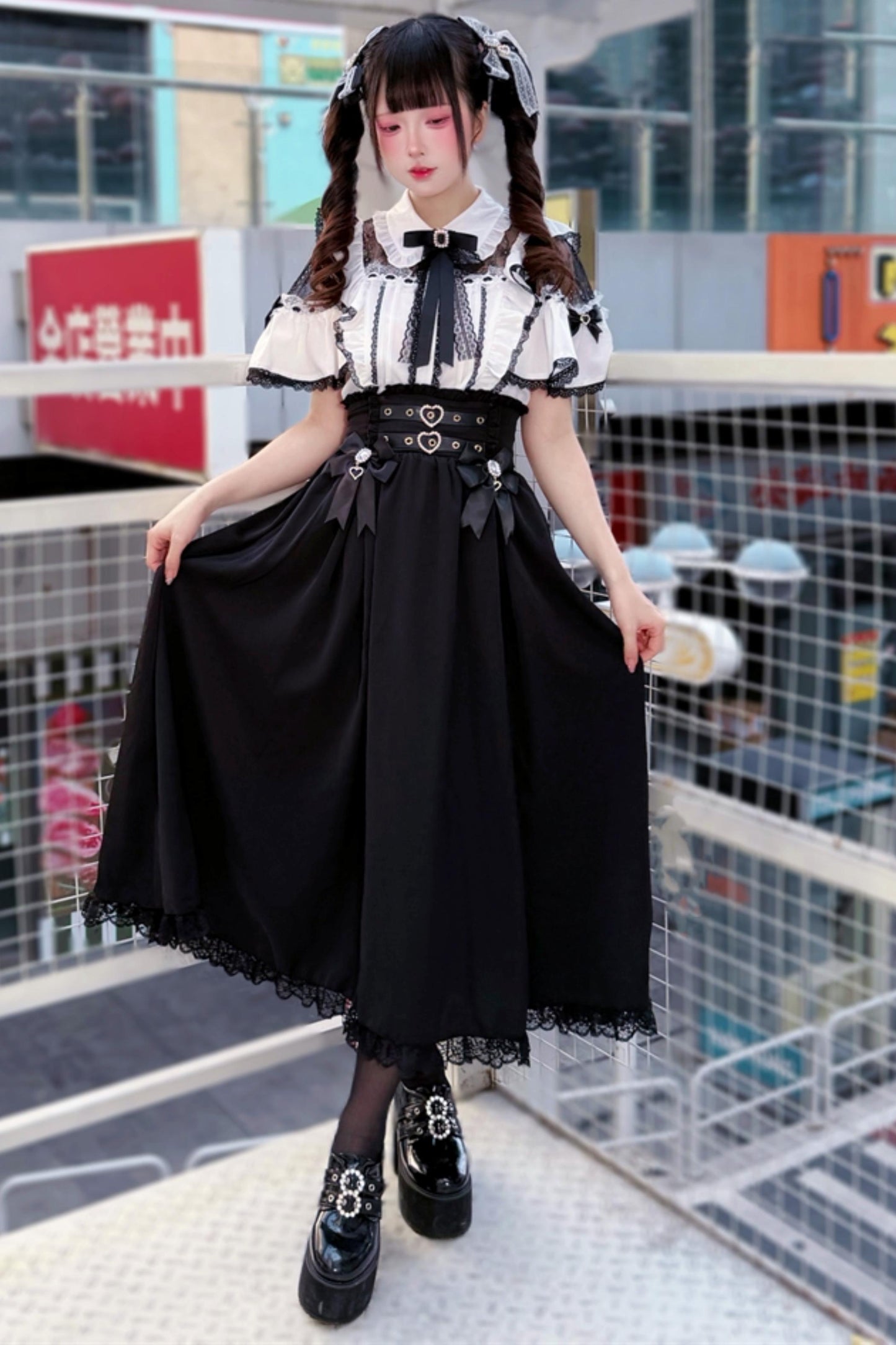 Lace Dark Kawaii Blouse + Heart Ring Long Skirt