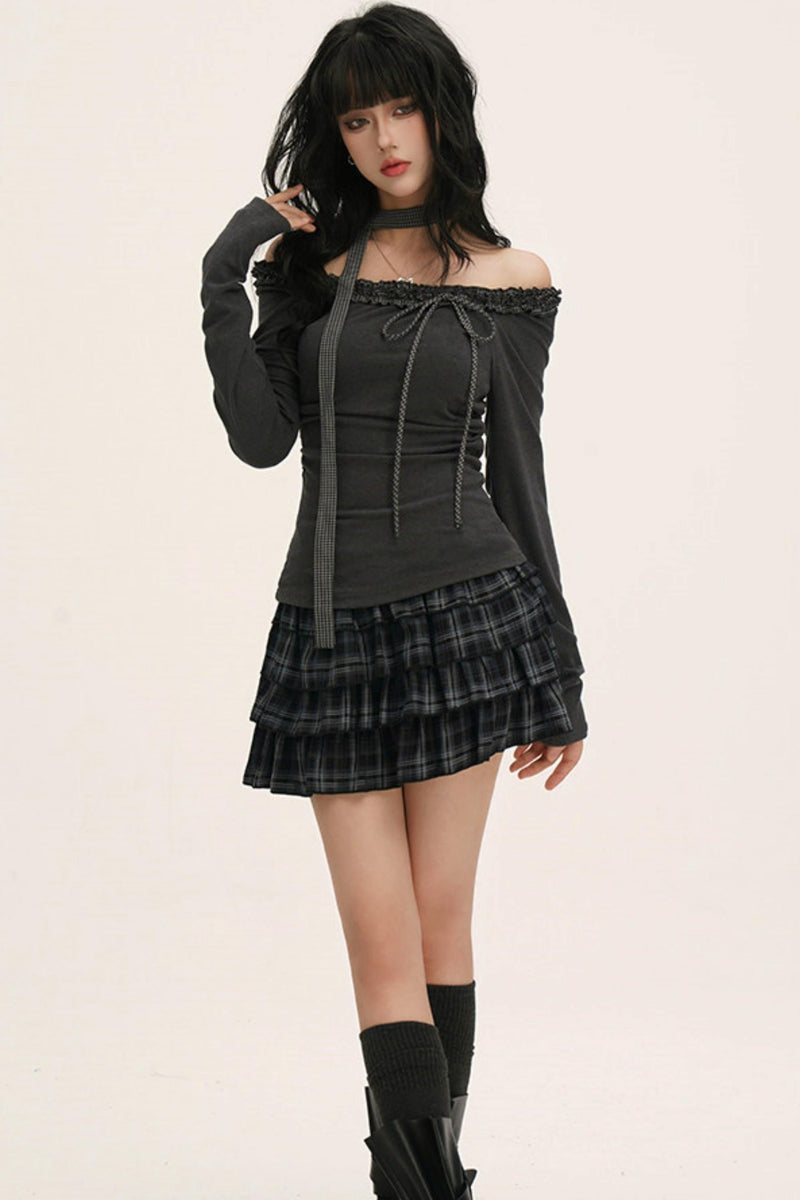 Off-shoulder Ruffle Ribbon Top (with Skinny Long Scarf)