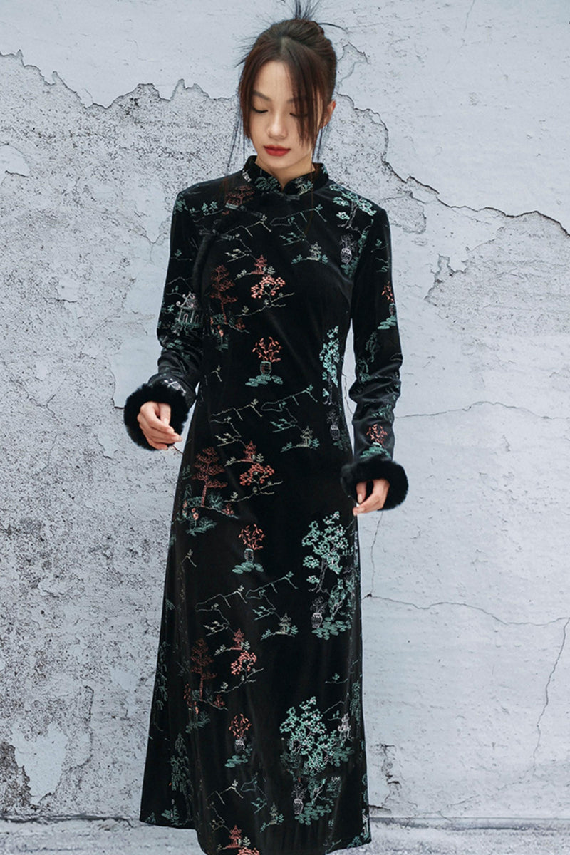 Embroidered Plush Cheongsam Dress