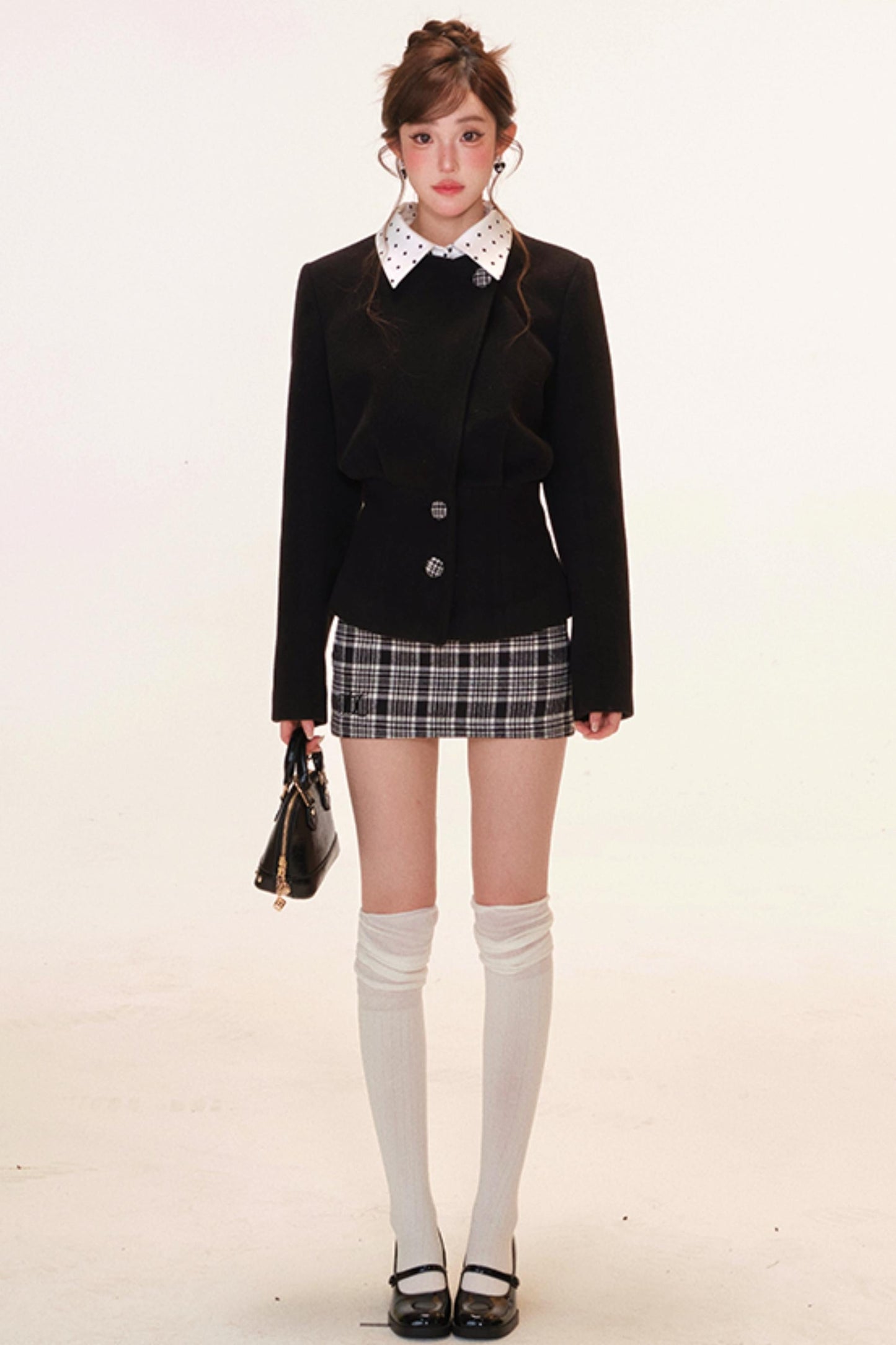 French Jacket + Inner Camisole Top + Plaid Skirt