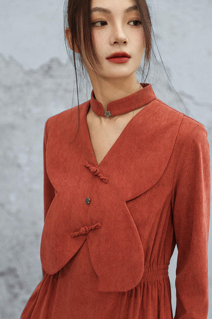 Retro Patchwork Corduroy Long Dress