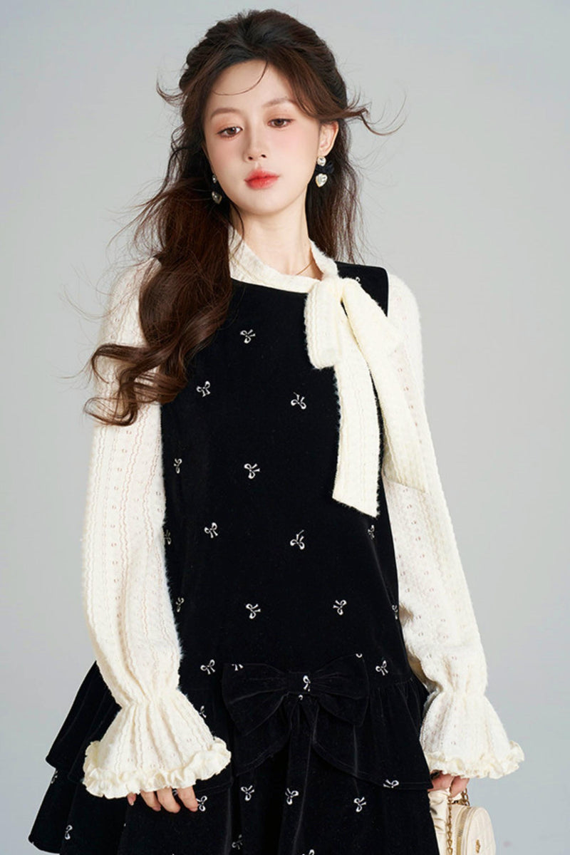 French Sweet Käbel Velvet Dress + Ribbon Neck Blouse