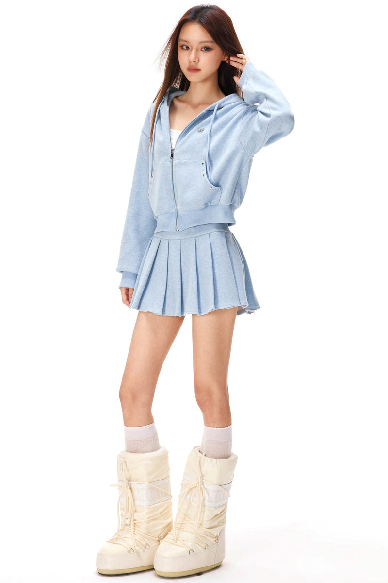 Zip-up Hoodie + Pleated Skirt