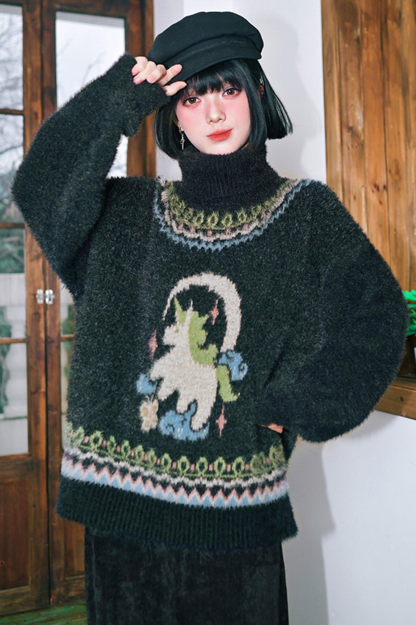 Four Pop Faux Fur Jacquard Sweater