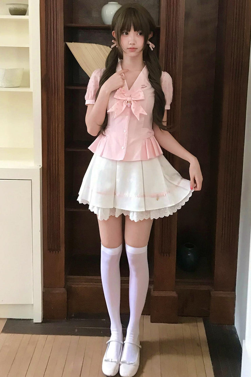 ストロベリーピンクポルカドットブラウス+スカート